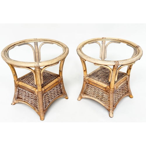 184 - LAMP TABLES, a pair, circular rattan and cane bound each with glazed top and undertier, 51cm W x 51c... 