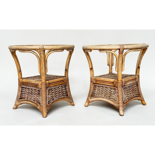 184 - LAMP TABLES, a pair, circular rattan and cane bound each with glazed top and undertier, 51cm W x 51c... 