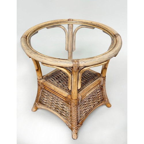 184 - LAMP TABLES, a pair, circular rattan and cane bound each with glazed top and undertier, 51cm W x 51c... 