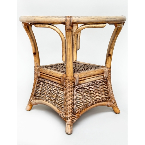 184 - LAMP TABLES, a pair, circular rattan and cane bound each with glazed top and undertier, 51cm W x 51c... 