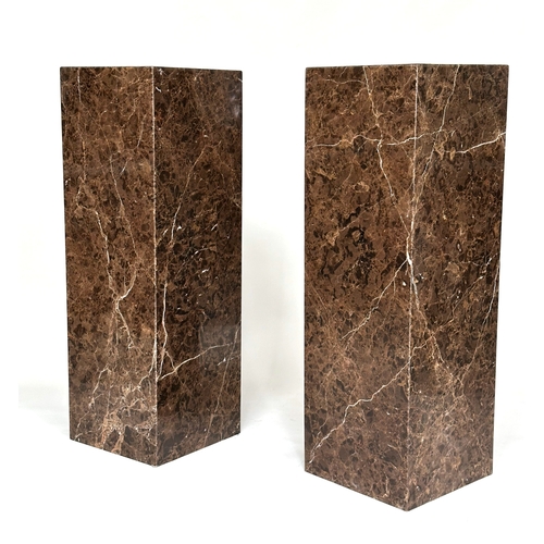 185 - COLUMNS, a pair, variegated brown marble, 40cm x 40cm x 120cm H. (2)