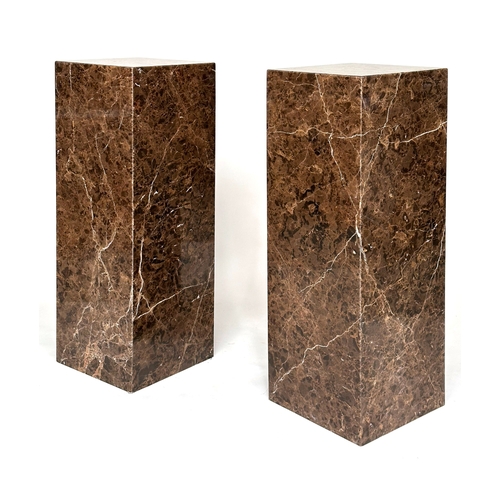 185 - COLUMNS, a pair, variegated brown marble, 40cm x 40cm x 120cm H. (2)