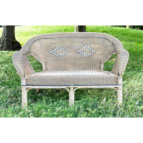 186 - CONSERVATORY BENCH, vintage weathered two tone cane bound, 118cm W.