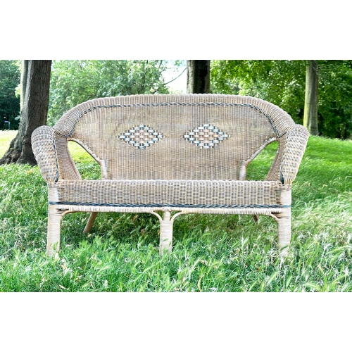 186 - CONSERVATORY BENCH, vintage weathered two tone cane bound, 118cm W.