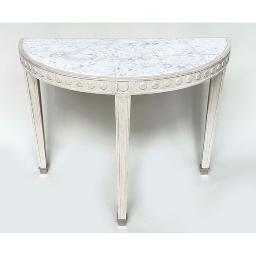 188 - CONSOLE TABLE, demi lune grey painted, with rounded frieze and inset veined white Carrara marble top... 