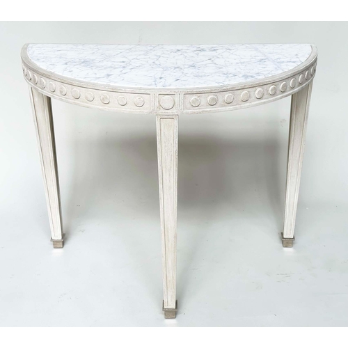 188 - CONSOLE TABLE, demi lune grey painted, with rounded frieze and inset veined white Carrara marble top... 