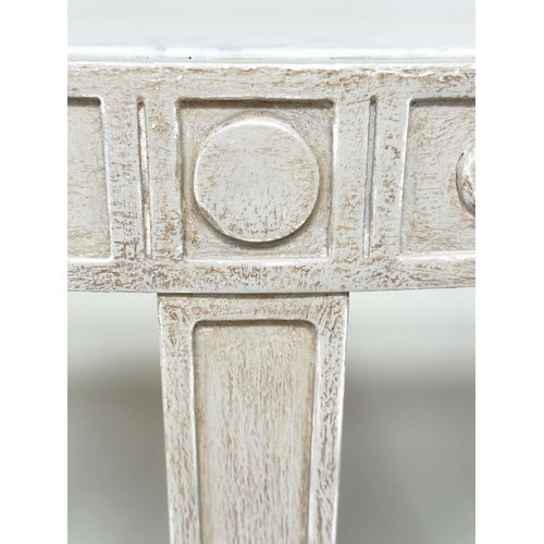 188 - CONSOLE TABLE, demi lune grey painted, with rounded frieze and inset veined white Carrara marble top... 