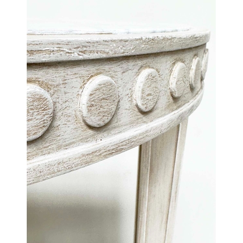 188 - CONSOLE TABLE, demi lune grey painted, with rounded frieze and inset veined white Carrara marble top... 