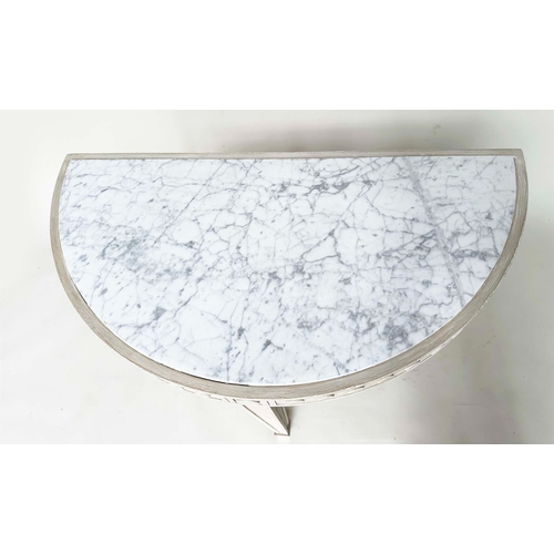 188 - CONSOLE TABLE, demi lune grey painted, with rounded frieze and inset veined white Carrara marble top... 