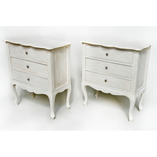 190 - BEDSIDE CHESTS, a pair, Italian grey painted of serpentine outline, each with three drawers, 62cm W ... 