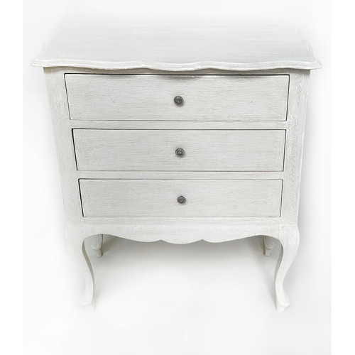 190 - BEDSIDE CHESTS, a pair, Italian grey painted of serpentine outline, each with three drawers, 62cm W ... 