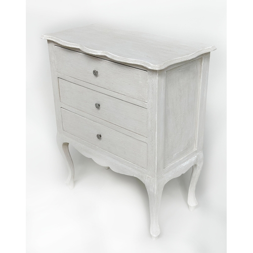 190 - BEDSIDE CHESTS, a pair, Italian grey painted of serpentine outline, each with three drawers, 62cm W ... 