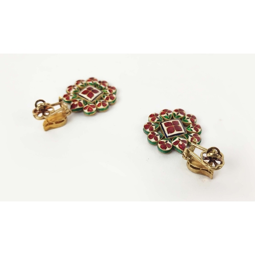 29 - A PAIR OF YELLOW METAL ENAMELLED AND DIAMOND SET PENDANT EARRINGS, probably of Indian origin, the pe... 