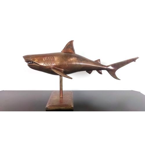 30 - CONTEMPORARY SCULPTURAL SHARK, coppered metal, 54cm H x 103cm L approx.