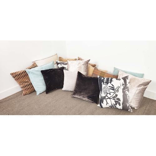 351 - CUSHIONS, fifteen in a variety of fabrics, including chenille, checked, tartan and chinoiserie, 60cm... 