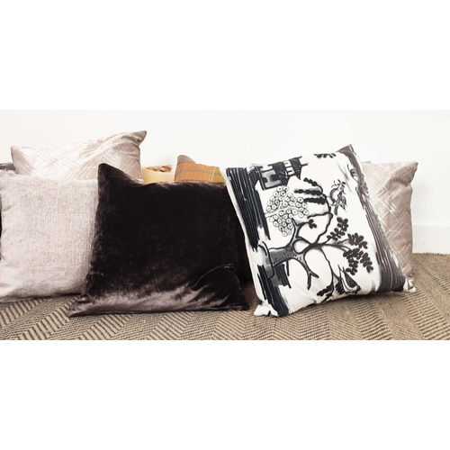 351 - CUSHIONS, fifteen in a variety of fabrics, including chenille, checked, tartan and chinoiserie, 60cm... 