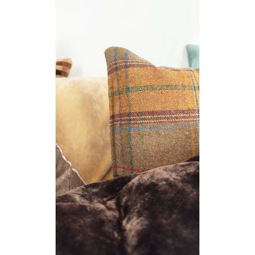 351 - CUSHIONS, fifteen in a variety of fabrics, including chenille, checked, tartan and chinoiserie, 60cm... 