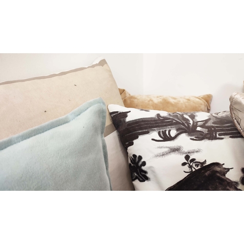 351 - CUSHIONS, fifteen in a variety of fabrics, including chenille, checked, tartan and chinoiserie, 60cm... 