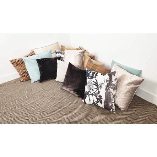 351 - CUSHIONS, fifteen in a variety of fabrics, including chenille, checked, tartan and chinoiserie, 60cm... 