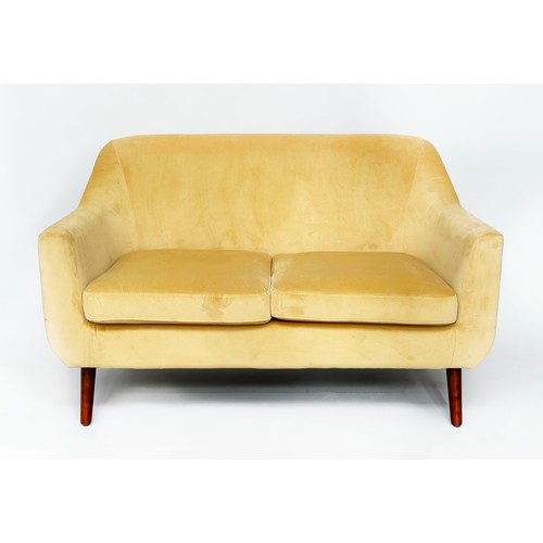 298 - SOFA, contemporary primrose yellow velvet upholstered with splayed supports.