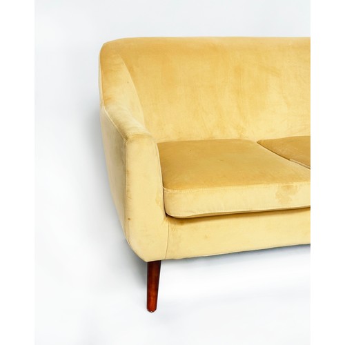 298 - SOFA, contemporary primrose yellow velvet upholstered with splayed supports.
