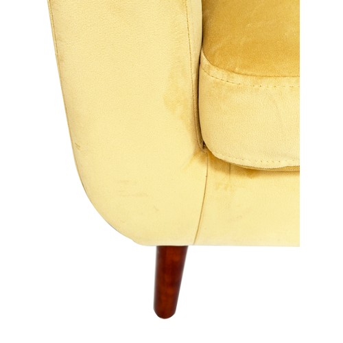298 - SOFA, contemporary primrose yellow velvet upholstered with splayed supports.