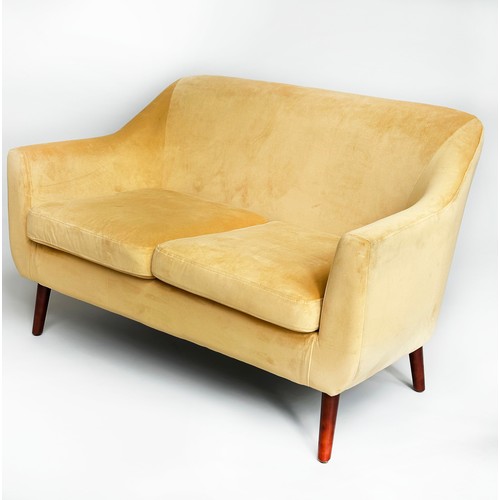 298 - SOFA, contemporary primrose yellow velvet upholstered with splayed supports.