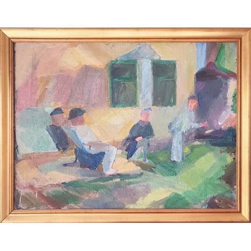 58 - Attributed to ARNE SOIBERG (1916-1995), 'Figures outside a cottage', oil on canvas, 72cm x 96cm, fra... 