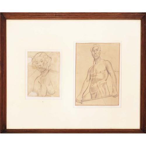 47 - WILLIAM ROBERTS, 'Nude studies, man and woman', pencil 13cm x 10cm, framed.