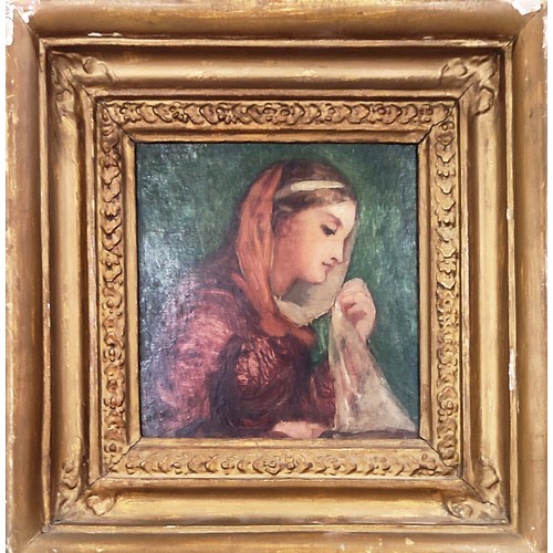 59 - MANNER OF FREDERICK SANDYS, 'Portrait of a young woman', oil on board, 12cm x 12cm, framed.