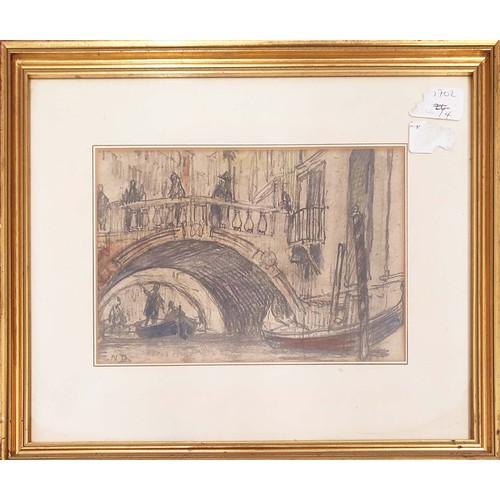 87 - NELSON DAWSON, 'Venice', pencil and crayon, 14cm x 22cm, monogrammed, framed.