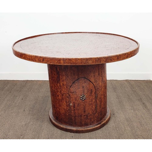 149 - CENTRE TABLE, burr wood top with parquetry and mother of pearl inlay, on column base with cupboard d... 