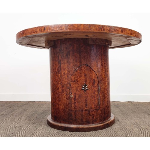 149 - CENTRE TABLE, burr wood top with parquetry and mother of pearl inlay, on column base with cupboard d... 