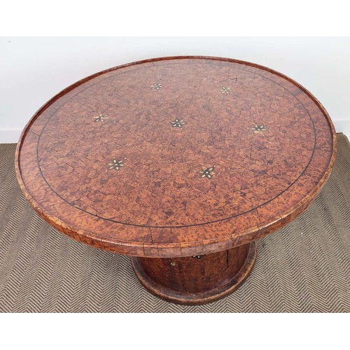 149 - CENTRE TABLE, burr wood top with parquetry and mother of pearl inlay, on column base with cupboard d... 