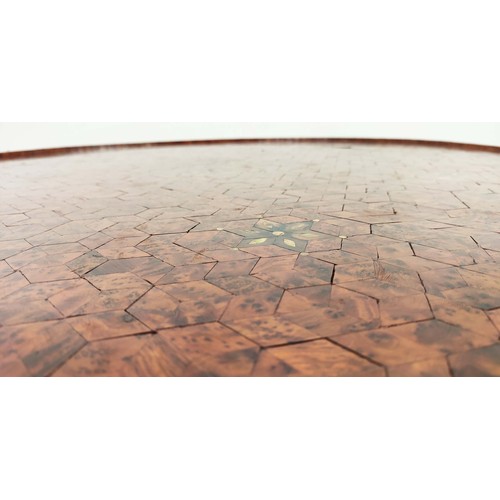 149 - CENTRE TABLE, burr wood top with parquetry and mother of pearl inlay, on column base with cupboard d... 