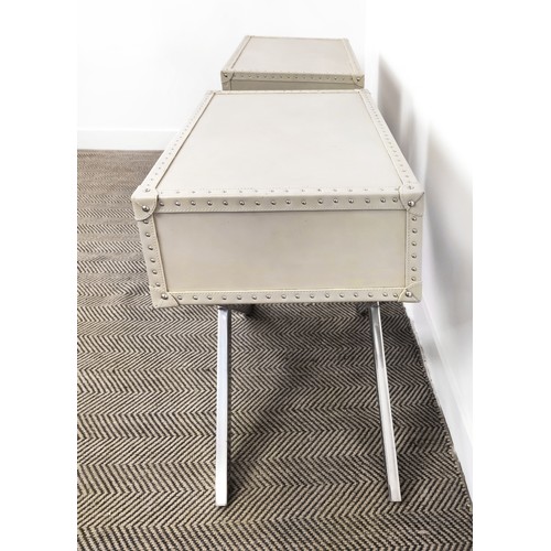 463 - SIDE TABLES, a pair, faux leathered tops, each with a drawer, 72cm x 46.5cm x 72cm. (2)