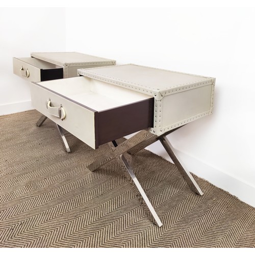 463 - SIDE TABLES, a pair, faux leathered tops, each with a drawer, 72cm x 46.5cm x 72cm. (2)