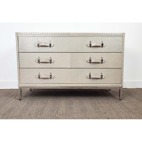 462 - CHEST OF DRAWERS, faux leathered finish, with three drawers, 121cm x 46cm x 77.5cm.