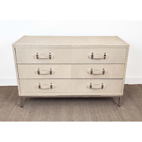 462 - CHEST OF DRAWERS, faux leathered finish, with three drawers, 121cm x 46cm x 77.5cm.