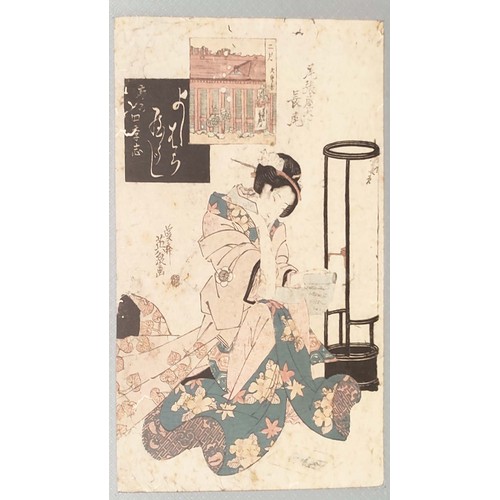 90 - KEISAI YEISEN (Japanese 1789-1848), 'A woman reading a scroll', woodblock, 35cm x 24cm, framed.