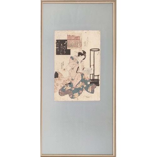 90 - KEISAI YEISEN (Japanese 1789-1848), 'A woman reading a scroll', woodblock, 35cm x 24cm, framed.