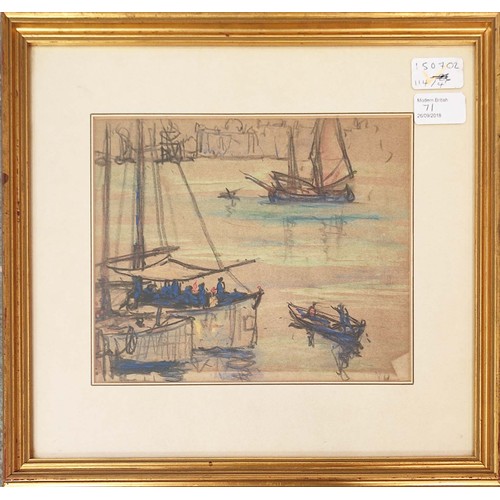 84 - NELSON DAWSON, 'Boats on the Venetian lagoon', pencil, crayon and watercolour, 18cm x 23cm, framed.