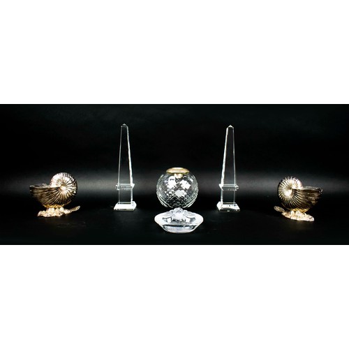 7 - LALIQUE LION HEAD FROSTED GLASS ASHTRAY, a pair of glass obelisks, a large facetted ball cut glass, ... 