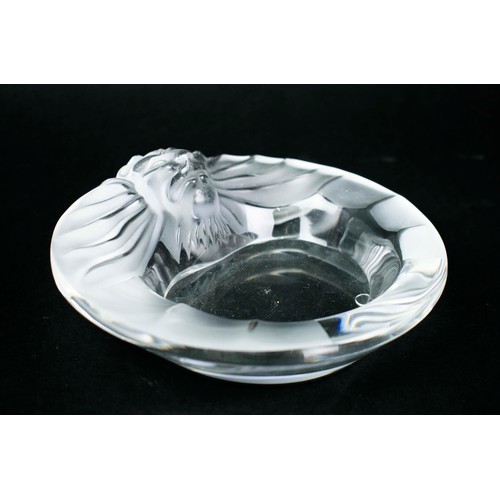 7 - LALIQUE LION HEAD FROSTED GLASS ASHTRAY, a pair of glass obelisks, a large facetted ball cut glass, ... 