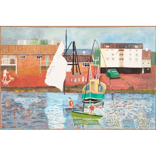 45 - PETER PEITERSON (1922-1988 Denmark), 'Boat club', oil on canvas, 80cm x 122cm, framed.