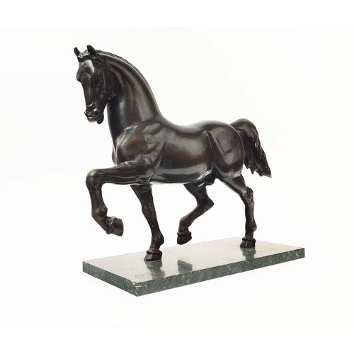 197 - BRONZE HORSE, on verde antico marble base, 39cm H x 49cm W x 20cm D.