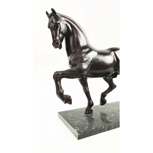 197 - BRONZE HORSE, on verde antico marble base, 39cm H x 49cm W x 20cm D.