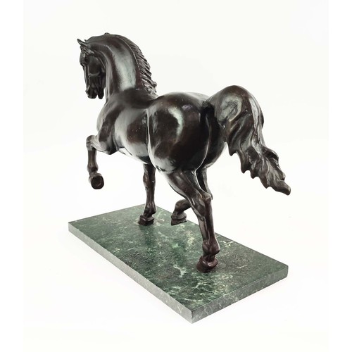 197 - BRONZE HORSE, on verde antico marble base, 39cm H x 49cm W x 20cm D.