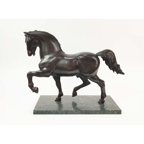 197 - BRONZE HORSE, on verde antico marble base, 39cm H x 49cm W x 20cm D.