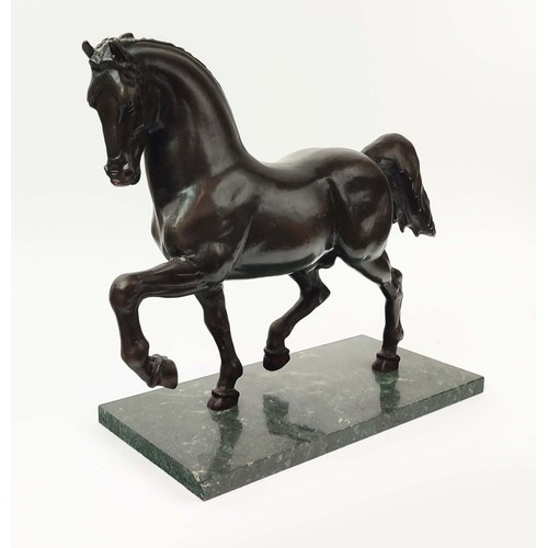 197 - BRONZE HORSE, on verde antico marble base, 39cm H x 49cm W x 20cm D.